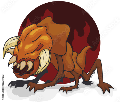 Hellish Mutant Monster with Big Jaws and Tusks, Vector Illustration