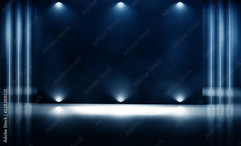 Background of empty dark room with concrete floor. Empty walls, neon light, smoke. Background of empty dark room with concrete floor. Empty walls, neon light, smoke.
