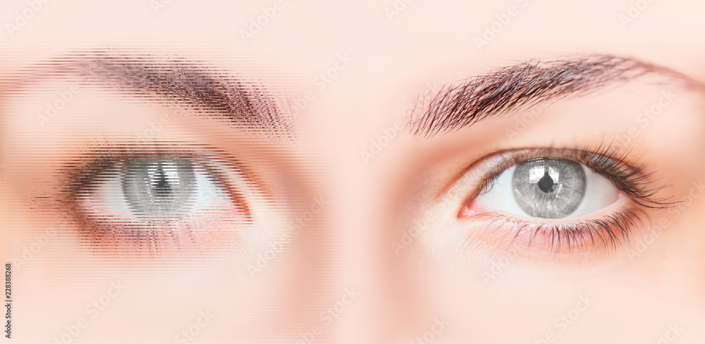 Obraz premium Close-up face of beautiful girl with beautiful grey eyes and big pretty eyelashes