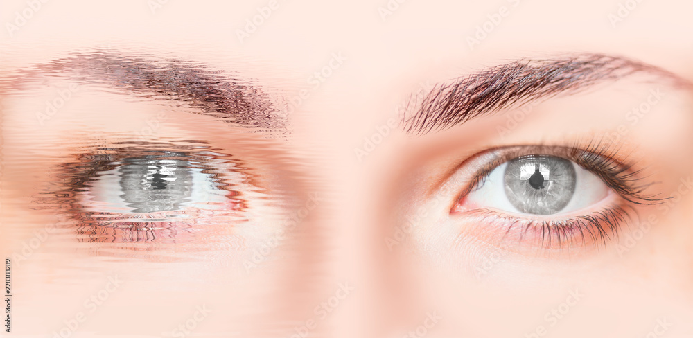 Naklejka premium Close-up face of beautiful girl with beautiful grey eyes and big pretty eyelashes