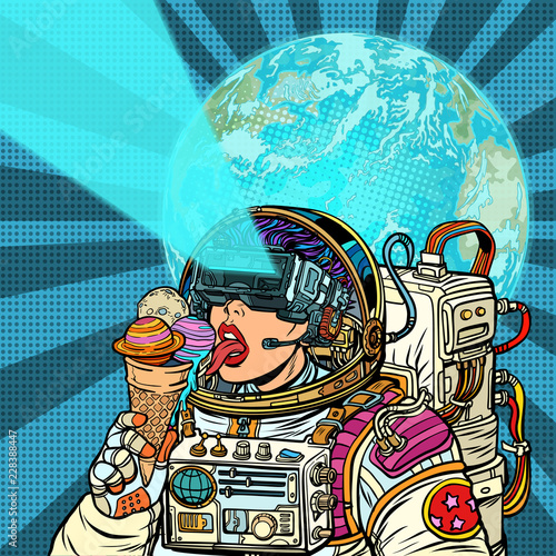 Virtual reality. Woman astronaut and space dreams
