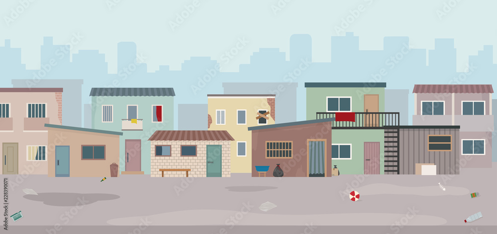 Slum. Huts and old ruined houses at the street. Flat style vector illustration. 
