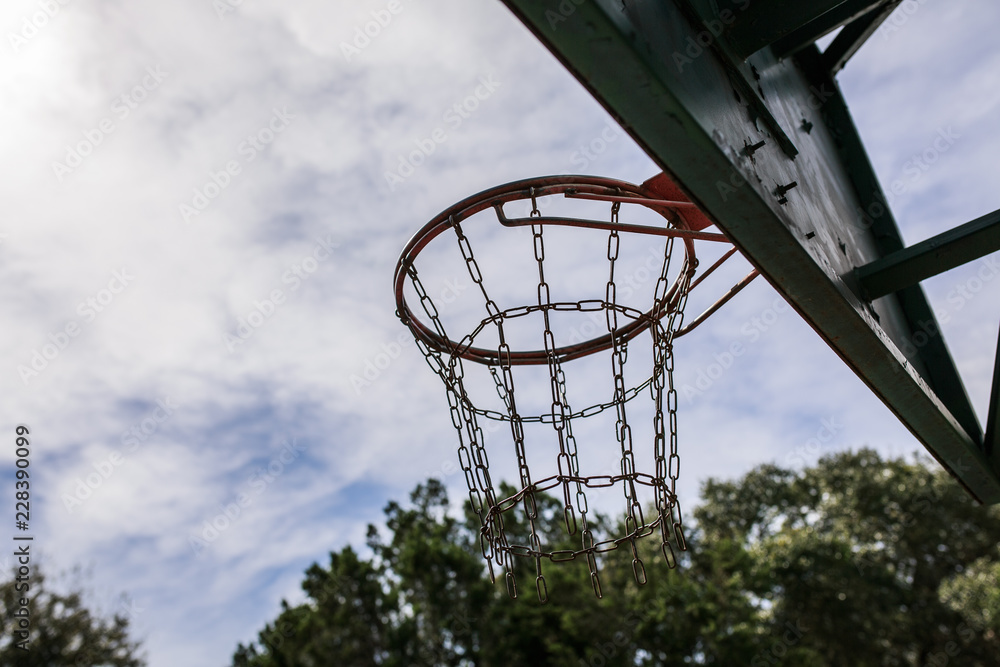 Basketball hoop with trees in background. Basketball hoop with trees in background.