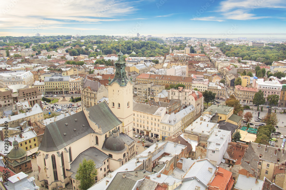 Beautiful view of the Town Hall Tower, Adam Mickiewicz Square and the historical center of Lviv, Ukraine