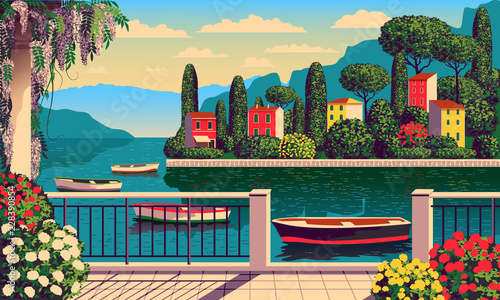 Mediterranean romantic landscape. Handmade drawing vector illustration. All buildings - customizable different objects. Can be used for posters, banners, postcards, books & etc.