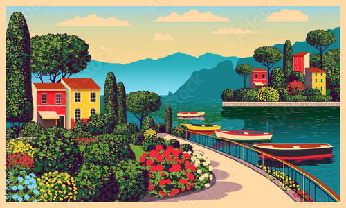 Mediterranean romantic landscape. Handmade drawing vector illustration. All buildings - customizable different objects. Can be used for posters, banners, postcards, books & etc.