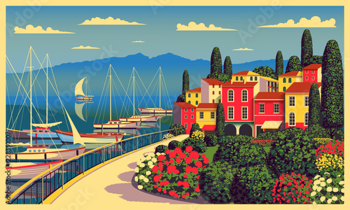 Mediterranean romantic landscape. Handmade drawing vector illustration. All buildings - customizable different objects. Can be used for posters, banners, postcards, books & etc.