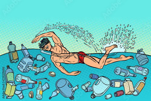 Ocean pollution by plastic trash. Ecology concept. virtual reali