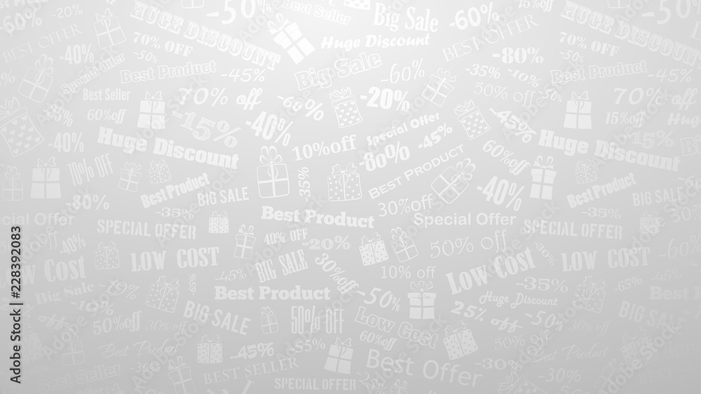 Background on discounts and special offers, made of inscriptions and gift boxes, in white and gray colors
