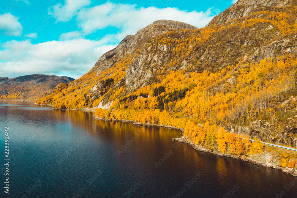Naklejka premium Autumn Landscapes in Norway - by fjords and mountains