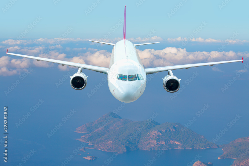 Naklejka premium Passenger airplane rising up into the sky after taking off from airport