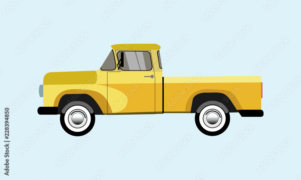 old pickup yellow on a blue background