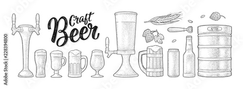 Beer set with wood mug, tap, glass, hop, bottle. Engraving
