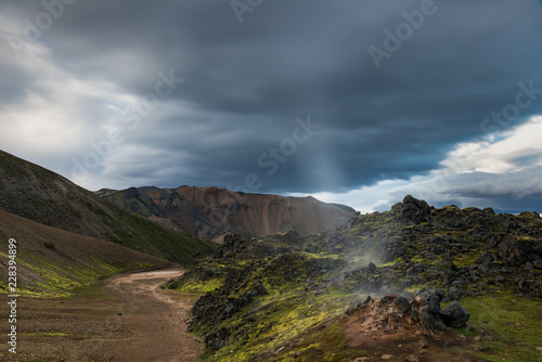 Iceland landscape with fumarole on foreground