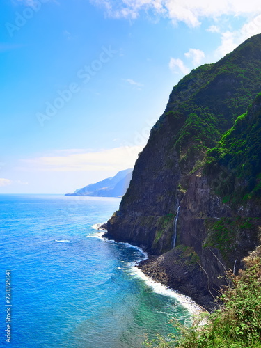 Waterfall and cliff near Seixal on Madeira