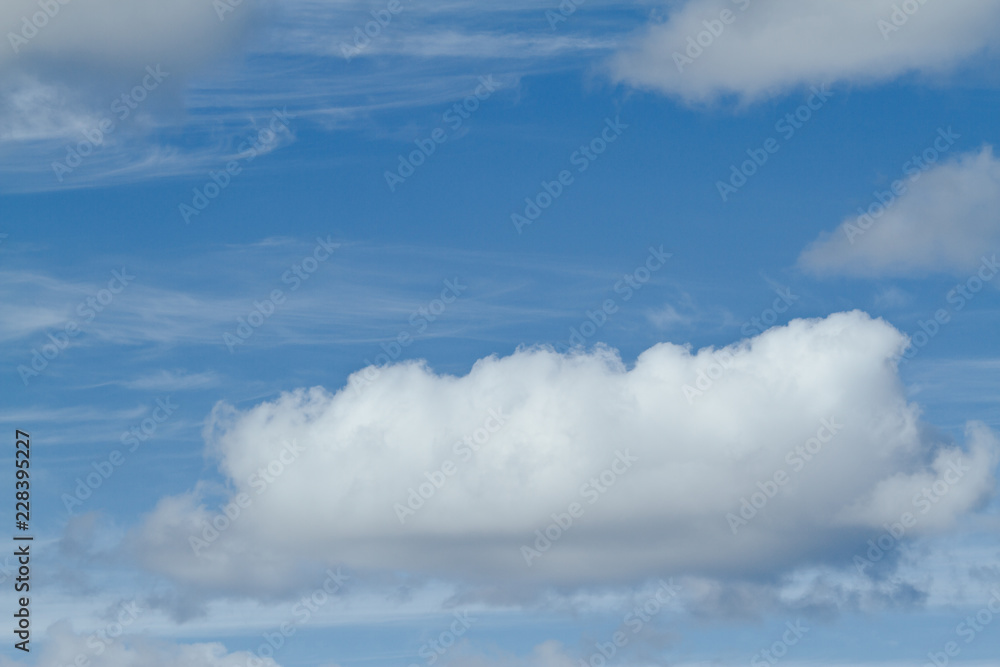 Blue sky with a large, puffy cumulus cloud dominating the lower half. Blue sky with a large, puffy cumulus cloud dominating the lower half.
