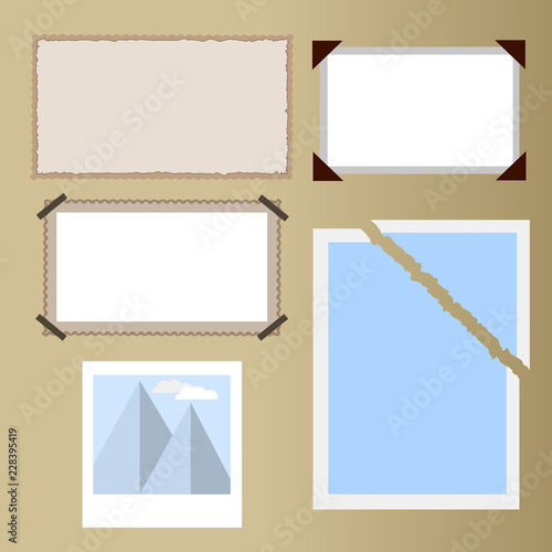 Different types of photos, old paper, old photo, ripped photo, photo in album, with embossed edge.