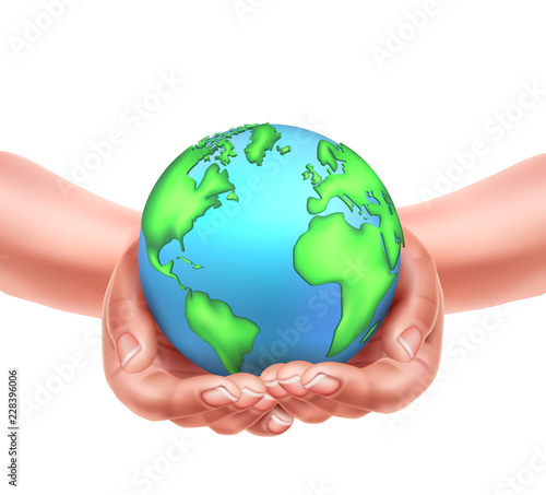 Vector realistic hands holding earth planet eco