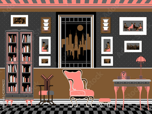 Home interior with chair, table, bookcase, window and pictures on the walls in the living room.