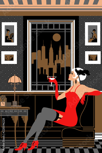 Flapper girl with a glass of wine. Retro party invitation card. Handmade drawing vector illustration. Art deco style.