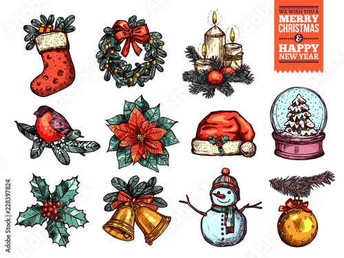 Christmas and happy New Year collection of sketch vector icons. Festive and holiday hand drawn colorful elements: sock with gifts and fir wreath, bullwinch on branch, poinsettia star and holly, santa 