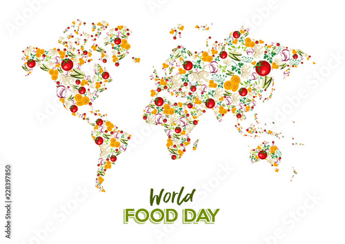 Food Day greeting card of vegetable world map