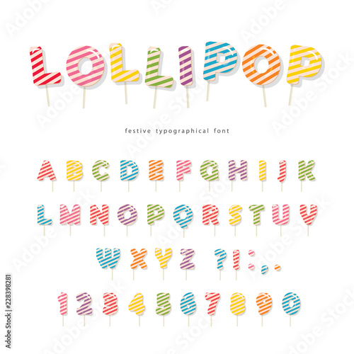 Lollipop candy glossy font design. Colorful ABC letters and numbers. Sweets for girls.