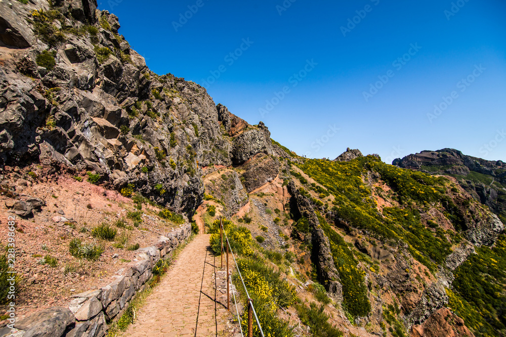 View of beautiful mountains Landscape of trek Pico do Arieiro to Pico Ruivo, Madeira island, Portugal