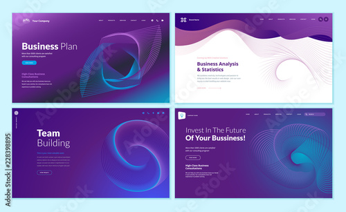 Set of web page design templates with abstract background for business plan, analysis and statistics, team building, investment. Vector illustration concepts for website development. 