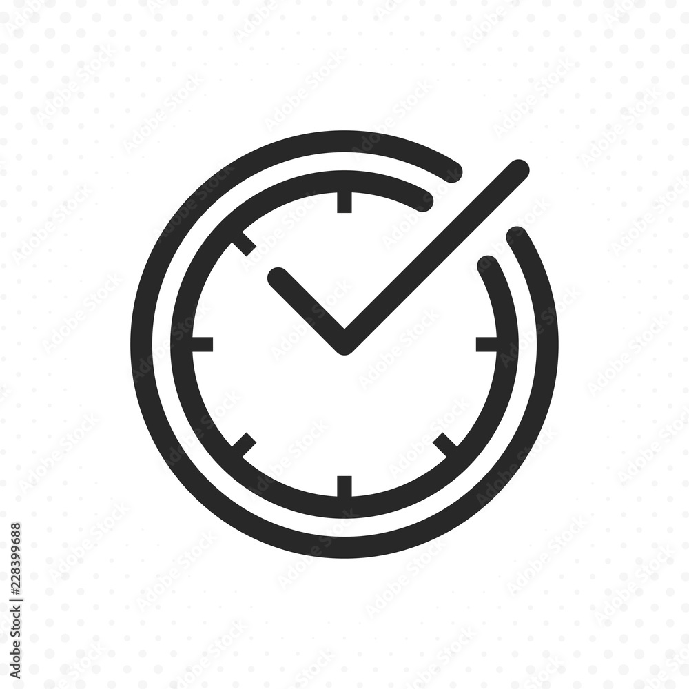 Check mark on clock line icon. Check time symbol, Check mark clock icon. Linear style sign for web and mobile - obrazy, fototapety, plakaty 