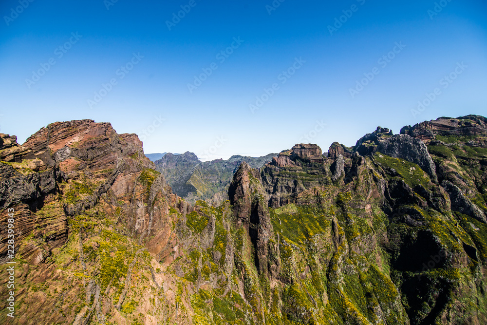 Hiking trail passage from mountain Pico Arieiro to Pico Ruivo, Madeira. Madeira best island destination.