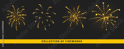 Golden light effect. Set festive fireworks isolated on transparent background.