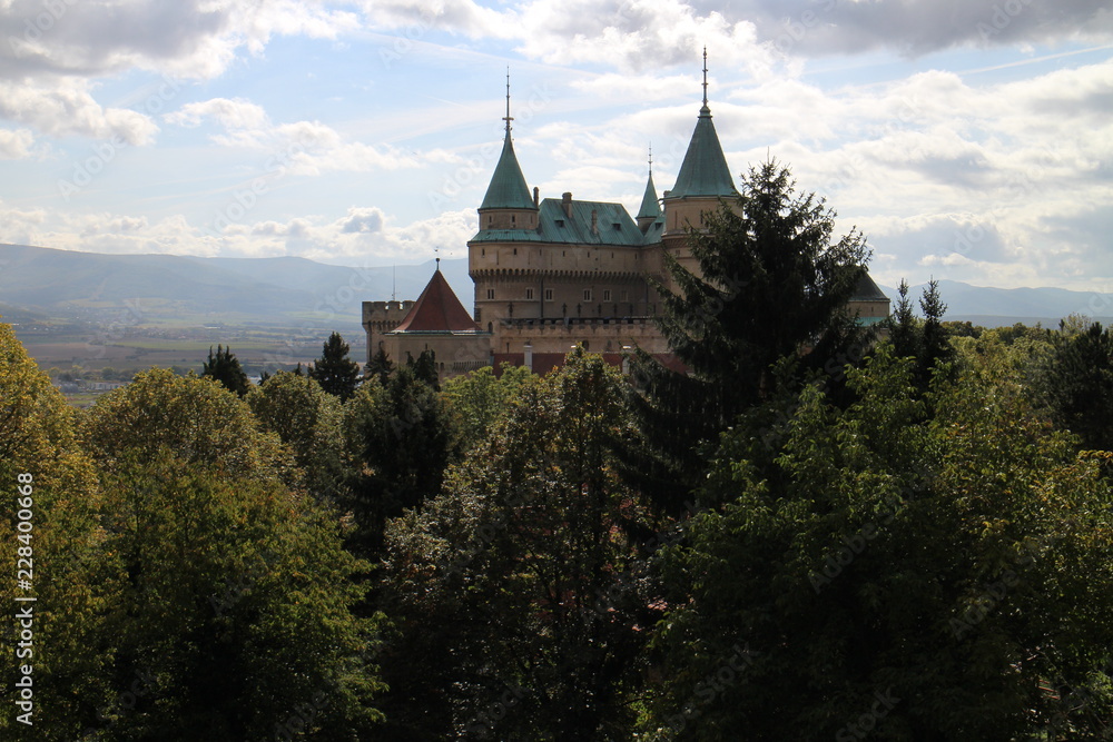 View to romantic Bojnice castle with garden in Bojnice, Slovakia