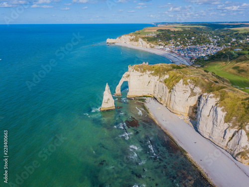 Aerial drone photo of the pointed formation called L'Aiguille or the Needle and Porte d'Aval at Etretat, north western France photo