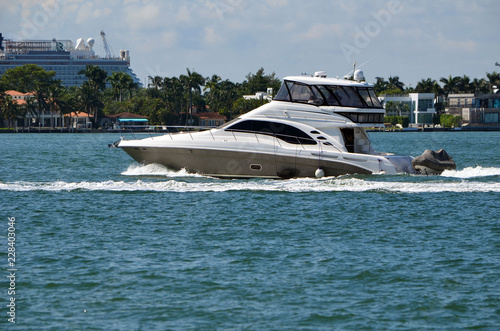 Small luxury motor yacht with upscale island homes and a cruise ship at the Port of Miami in the background. © Wimbledon