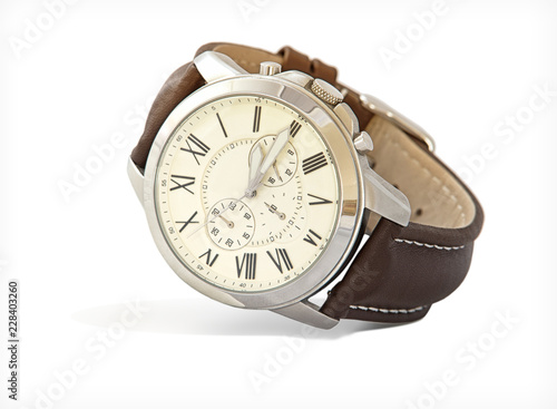 Modern mens watch. Studio shot of sports wrist watch as product photography isolated on white background.