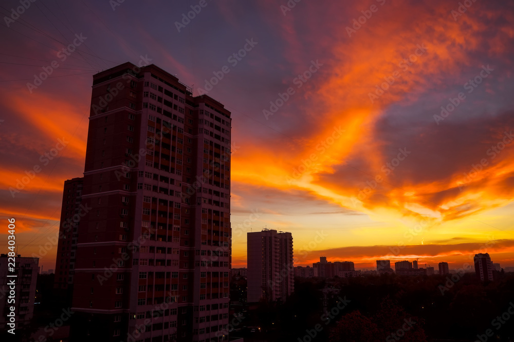 The view from the window on the residential area of Moscow in the evening. Colorful beautiful sunset.