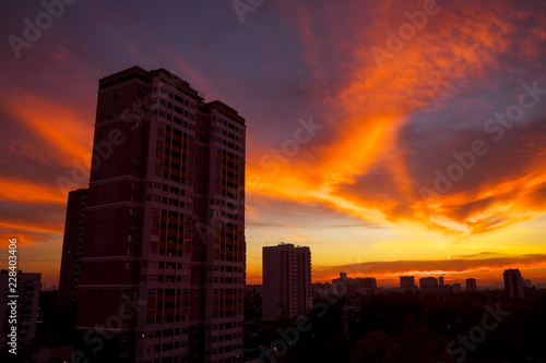 The view from the window on the residential area of Moscow in the evening. Colorful beautiful sunset.