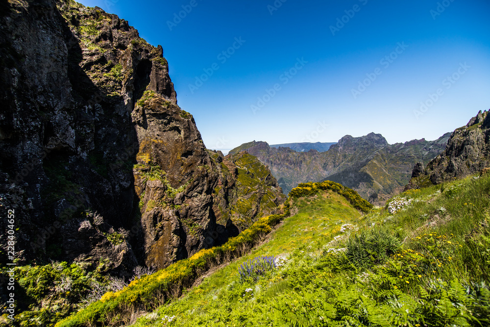Hike between Pico do Areeiro and Pico Ruivo, Madeira, Portugal. Beautiful mountains landscape.
