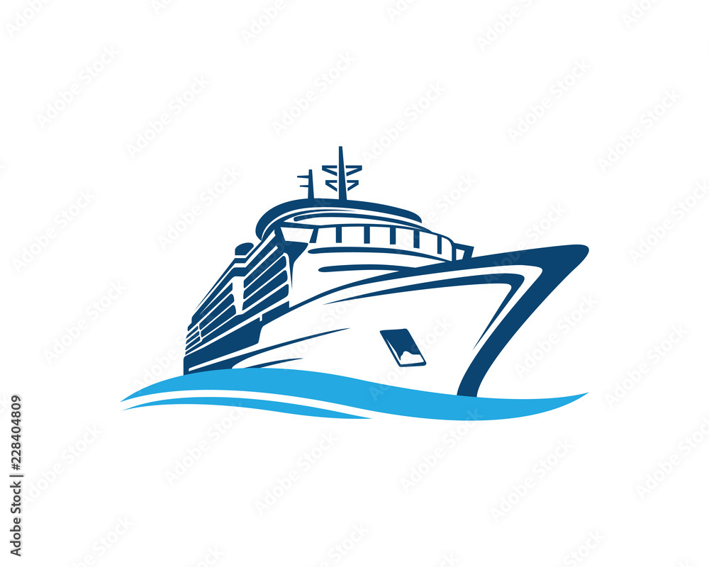 Fototapeta premium Vector Blue Traveling with Cruise Ship and Wave in the Ocean Sea Sign Symbol Icon Logo Template Design Inspiration