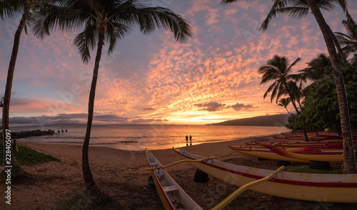 Canvas Print Paddling Canoe on beach in Maui at sunset