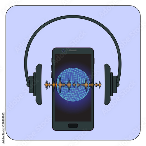 mobile phone with big earth on blue background in layers