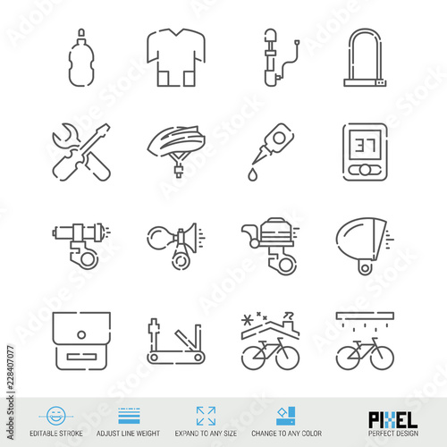 Bicycle Accessories, Tools, Clothing Vector Line Icons Set. Bike Shop, Maintenance Linear Symbols. Pixel Perfect Design. Editable Stroke. Adjust Line Weight. Expand to Any Size. Change to Any Color.