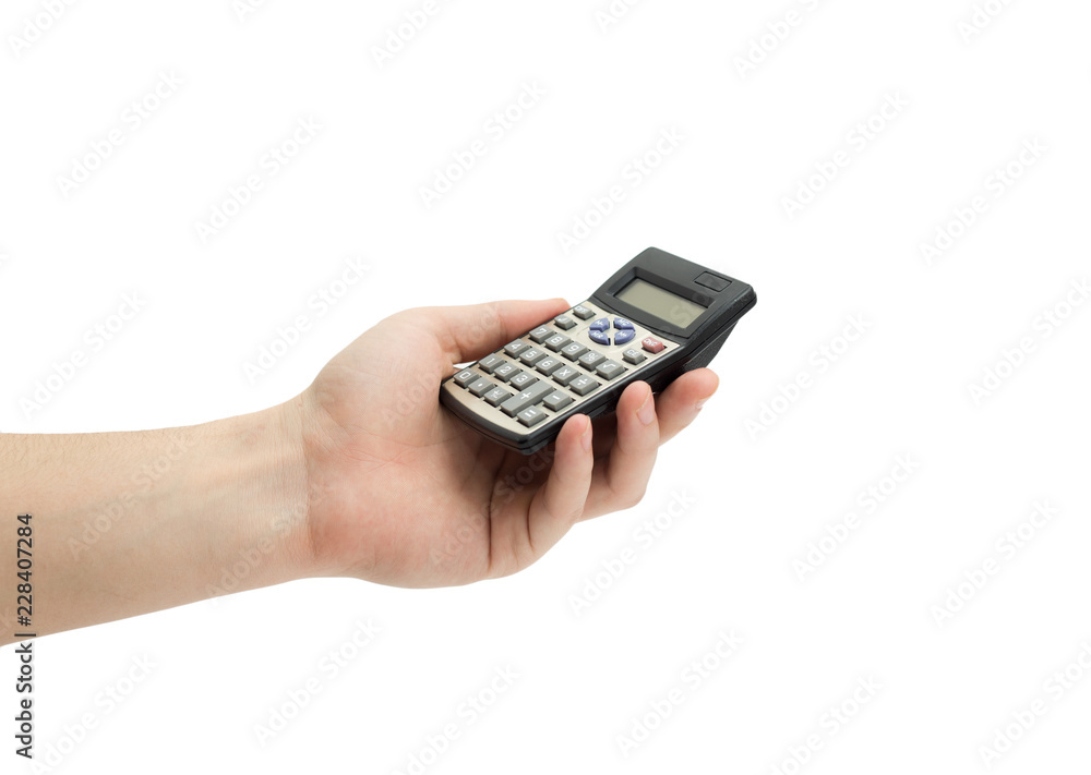 Calculator in hand on a white background Calculator in hand on a white background