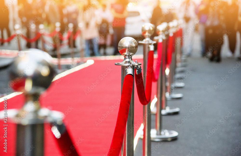 red carpet and barrier on entrance - obrazy, fototapety, plakaty 