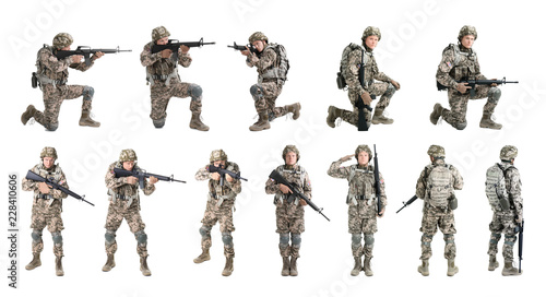 Set with male soldier on white background. Military service