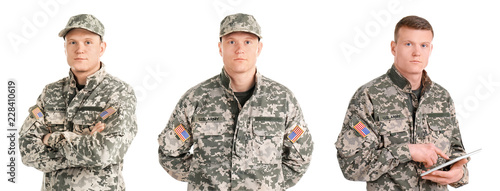 Obraz na plátne Set with male soldier on white background. Military service