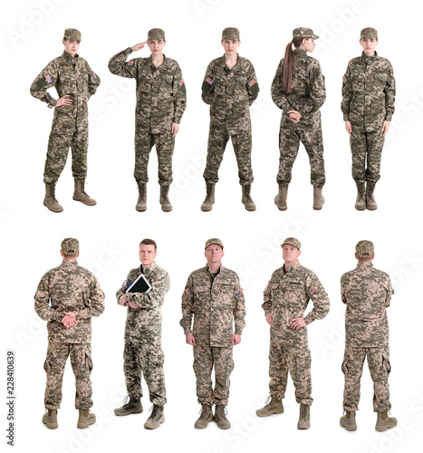 Tablou pe pânză Set with soldiers on white background. Military service