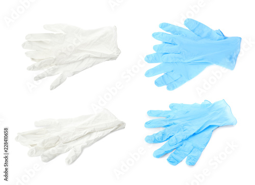 Set with protective gloves on white background. Medical objects photo