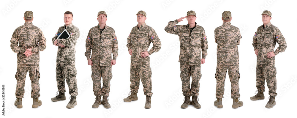 Set with male soldier on white background. Military service - obrazy, fototapety, plakaty 